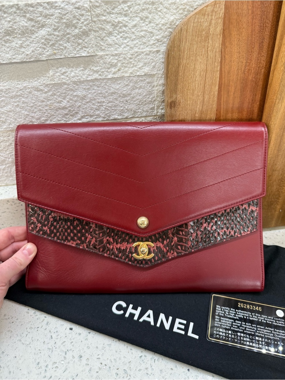 CHANEL Burgundy Double Flap Chevron Python Clutch w/gold hardware, 2018-2019